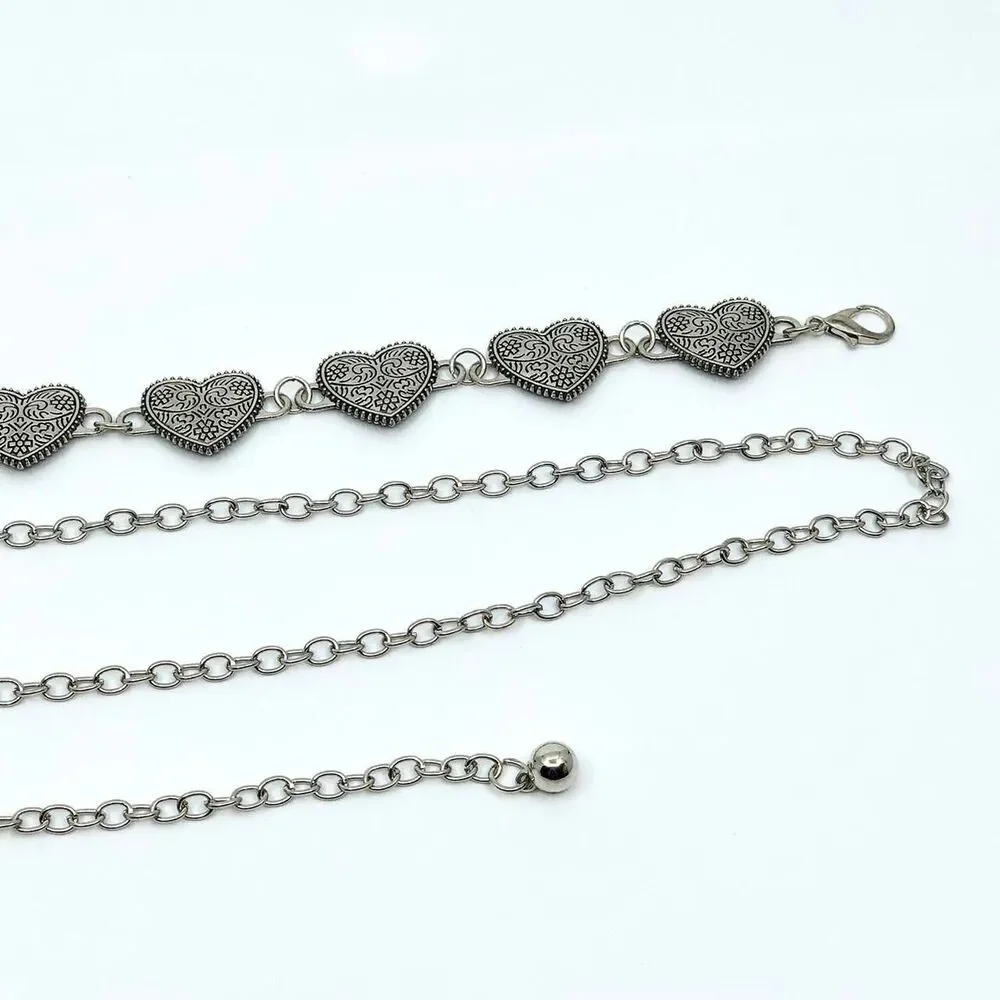 Vintage Y2K Ornate Silver Heart Chain Belt, Fits 13.5–44.5 Inches, X7GA1223